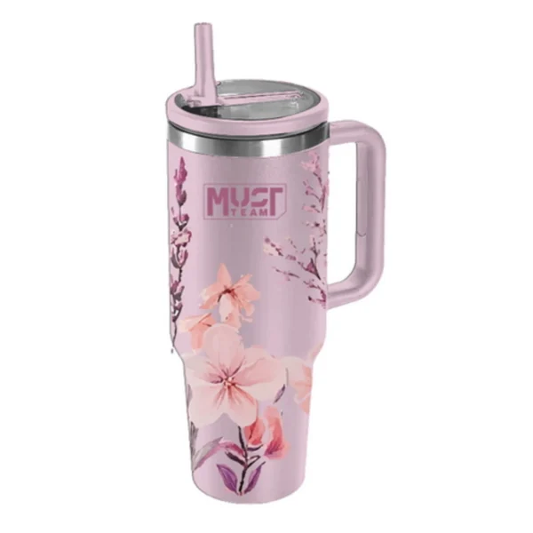 Vacuum Flask Stainless Steel Must Team Pink Floral 1200 ml with straw
